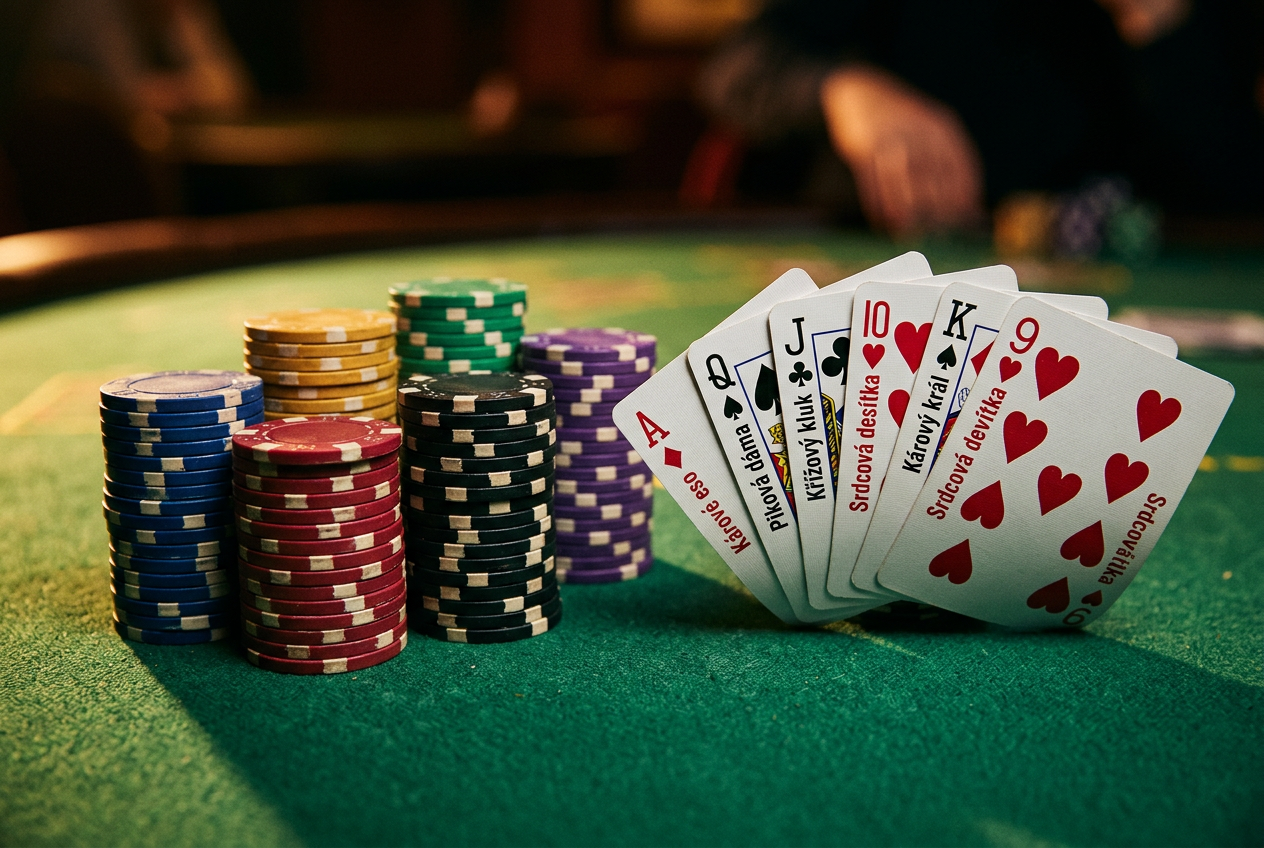 Detailní záběr na barevné pokerové žetony a vějíř hracích karet na zeleném plátně